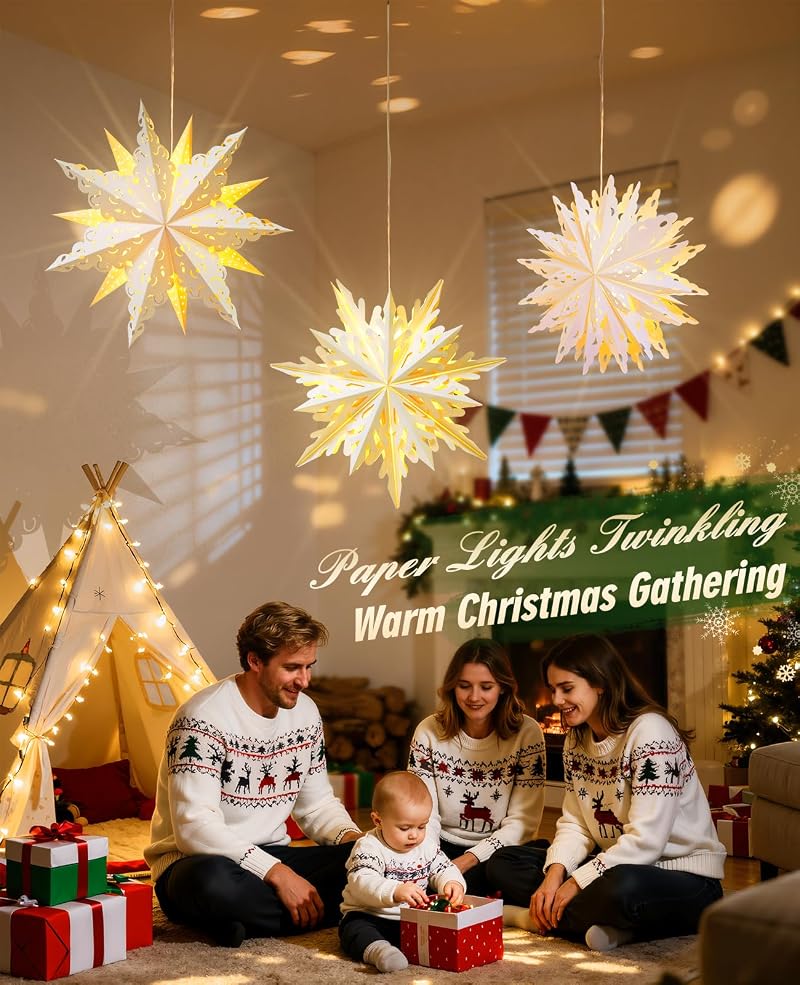 3 Pack 17.7in Paper Snowflake Lanterns with Remote, Christmas String Lights