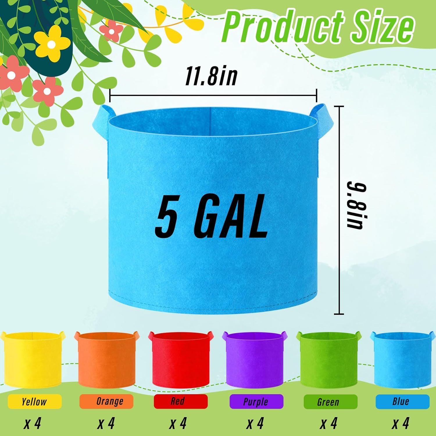 Ziliny 24 Pcs Multicolor Fabric Grow Bags - Thickened Non-Woven Planters with Handles | 5 Gallon Size