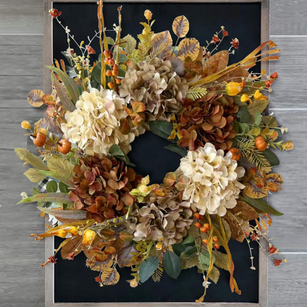 WANNA-CUL 24 Inch Fall Wreath - Hydrangea & Pumpkins | Perfect Autumn Decor for Front Door