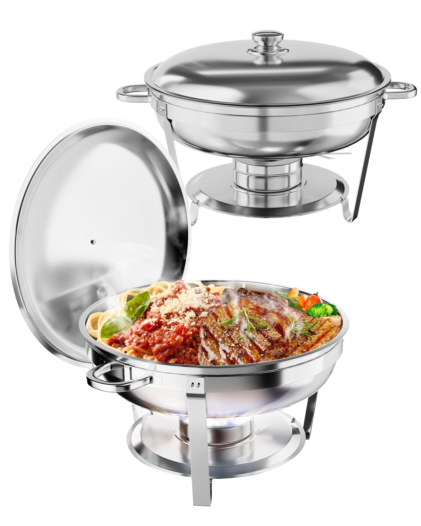 Chafing Dish Buffet Set 2 Pack, 5 QT Round Stainless Steel Chafer and Food Warmers with Food & Water Pan, Lid, Frame, Fuel Holder for Catering, Parties, Events, Wedding, Camping, Dinner