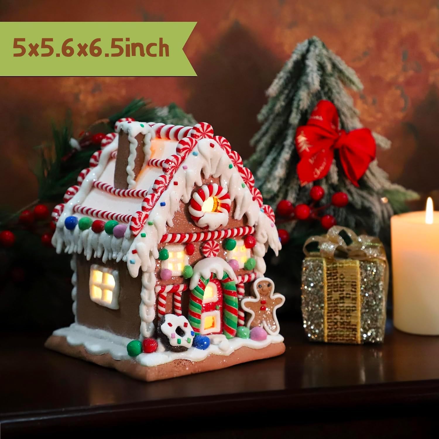 Skiennix Gingerbread House Decoration - Battery-Operated Light-Up Christmas Village Figurine | Handmade Style 1
