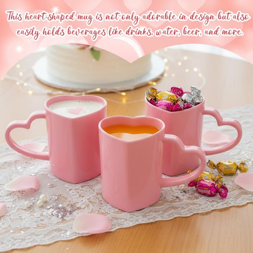Baderke 12 Pcs Valentine's Day Heart Shaped Mugs with Handles 7.8 oz Reusable Pink Red Love Heart Plastic Drinking Cups for Birthday Wedding Anniversary Party Supplies(Pink)