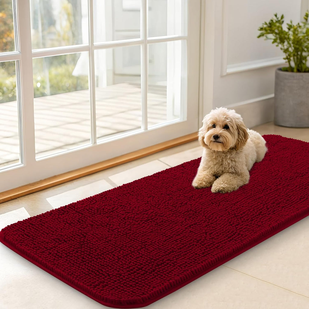 OLANLY Dog Door Mat - Absorbent Non-Slip Chenille Mat for Muddy Paws | 47x20 Inches, Quick Dry Red
