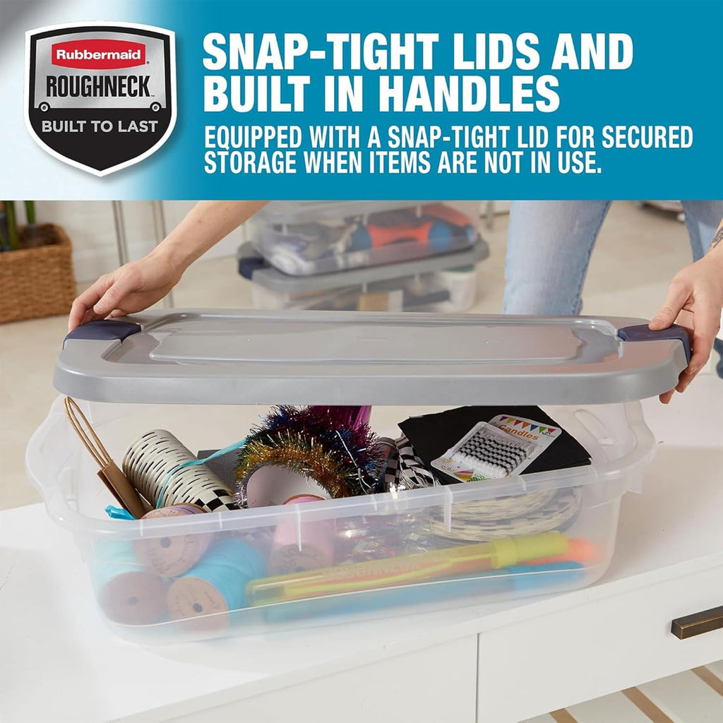 Rubbermaid Roughneck 31 Qt Storage Containers - Pack of 6 with Snap-Fit Grey Lids | Sturdy & Stackable