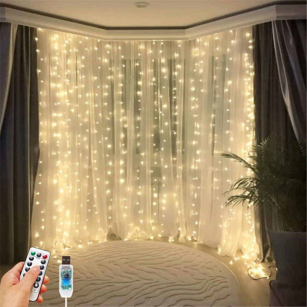 Skiennix 300 LED Fairy Curtain Lights - 9.8 x 9.8FT Warm White USB Plug with Remote | 8 Modes for Christmas, Weddings, Parties