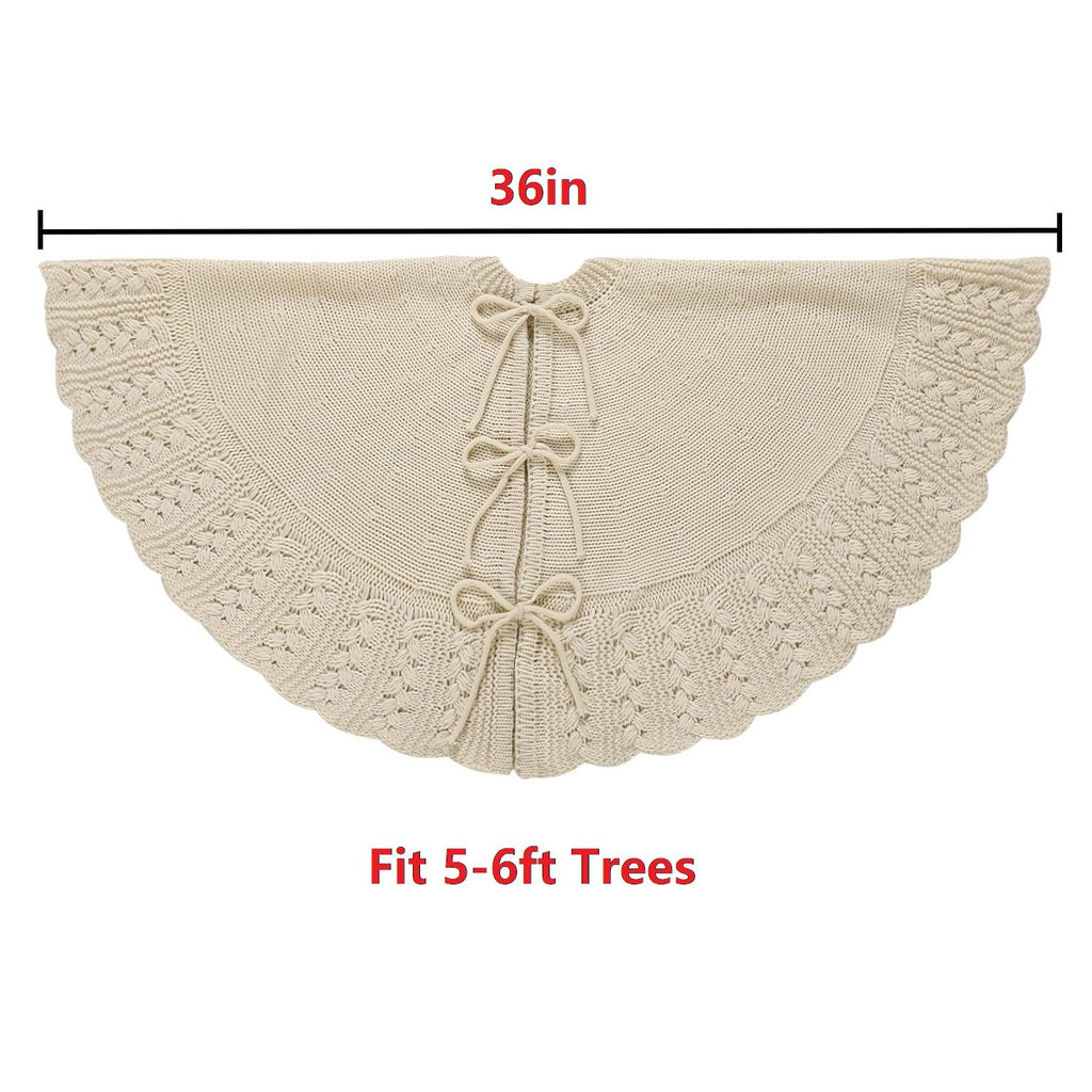 Aeranto Ivory Knitted Christmas Tree Skirt, Cozy Cable Knit Design with Scalloped Edge and Ties, Rustic Farmhouse Holiday Décor for Christmas Tree Base(Ivory, 36")