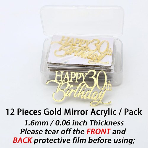 Gold Mirror Acrylic Cupcake Toppers by Happy Birthday | 12-Piece Set for 21st to 70th Celebrations