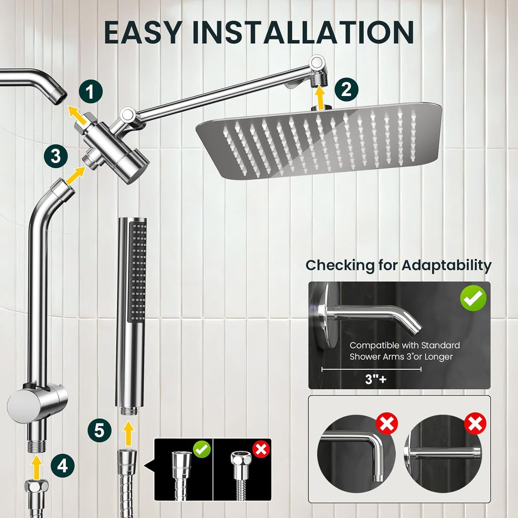 Veken 10" Luxurious Rain Shower Head - High Pressure Dual Showerhead with Handheld & Extension Arm | Chrome Finish