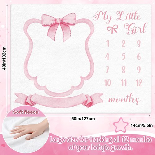 Mindsoft Trendy Pink Bow Coquette Baby Milestone Blanket Coquette Flannel Blanket Newborn Infant Swaddle Growth Baby Frame for Boys Girls Nursery (Bow, Pink)