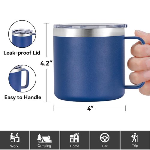 VEGOND 14 oz Insulated Coffee Mug Bulk with Handle, Stainless Steel Travel Coffee Mug with Lid, Double Wall Vacuum Metal Coffee Cup, Coffee Tumbler Powder Coated, Navy Blue 8 Pack