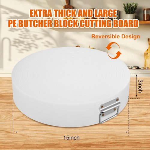 ZQVU Large Plastic Butcher Round 3''Thick Cutting Board，Kitchen Use Double Sided non Slip White Heavy Duty Butcher Cutting Board，Perfect for Chopping Bone and Raw Meat Block，Easy to Clean15''*15"*3''
