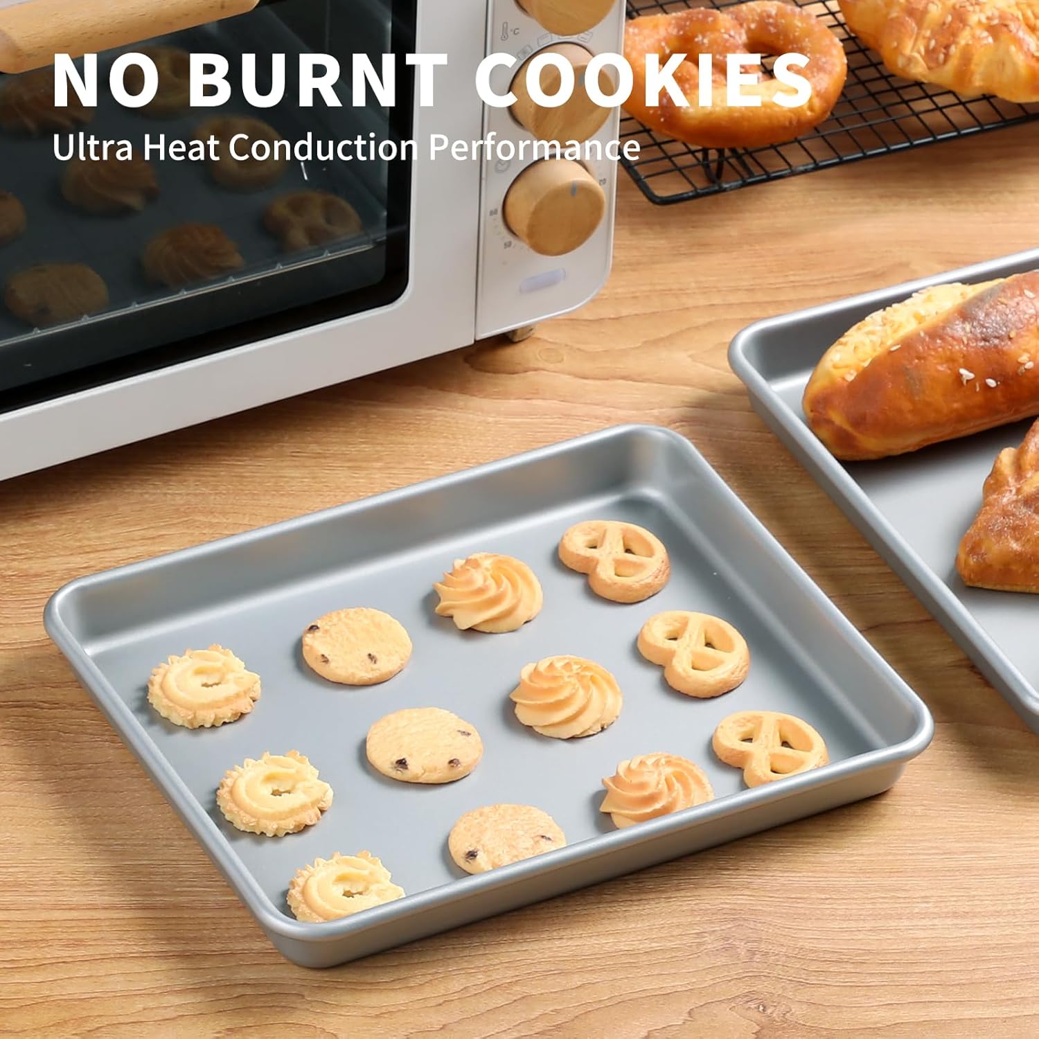Skiennix Nonstick Baking Trays - 2-Pack 11-Inch Heavy Duty Cookie Sheet Pans | Dishwasher Safe Silver