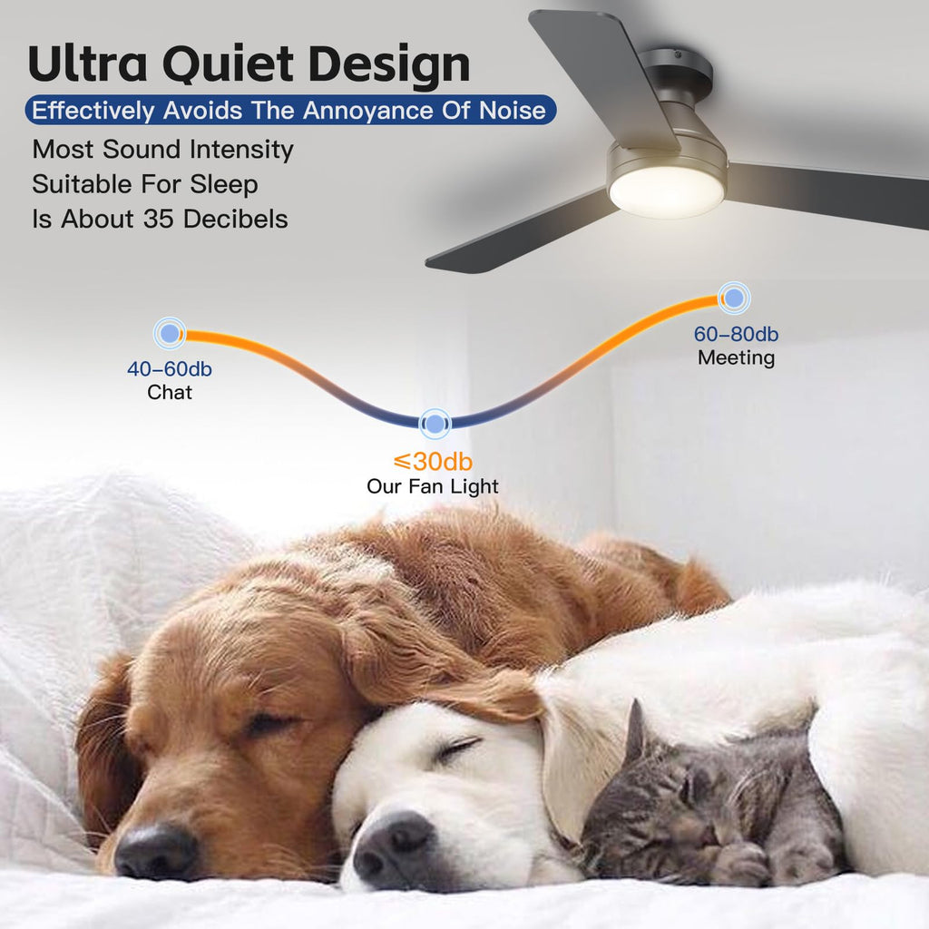 Ceiling Fans with Lights, 42 Inch Ceiling Fan with Light And Remote, 3CCT Flush Moun Low Profile Ceiling Fans, 6 Speed Noiseless LED Ceiling Fan, Black Ceilings Fan with Remote for Bedroom Living Room