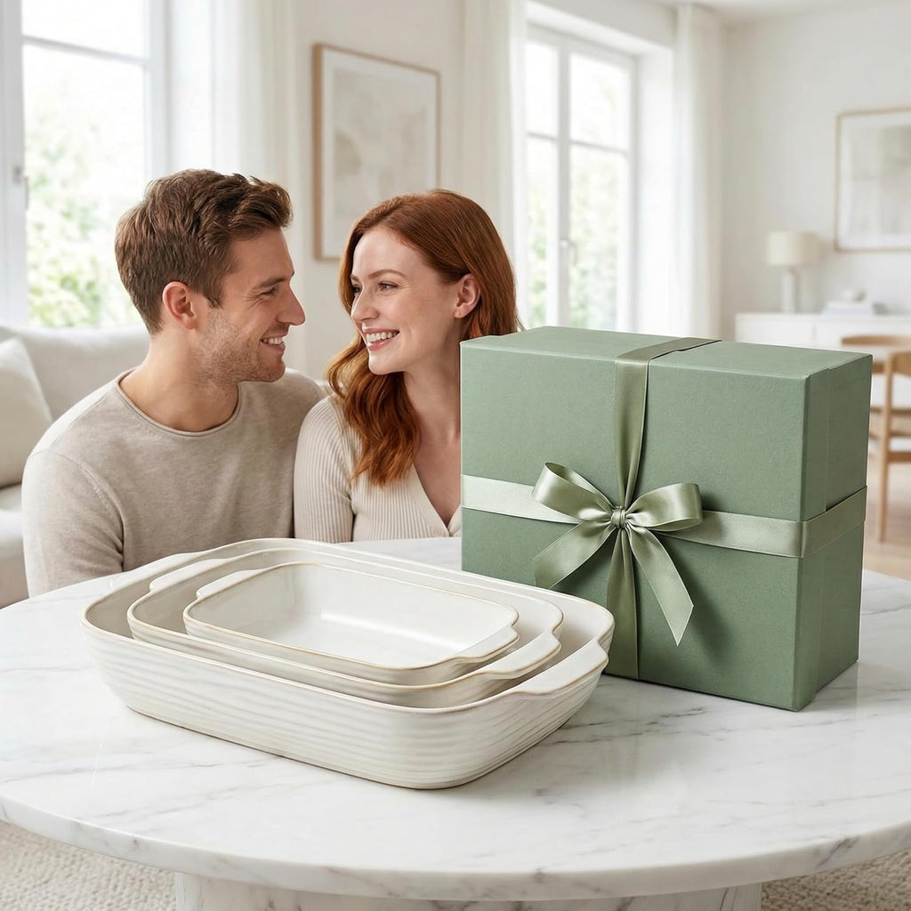 Regine Switzerland Baking Dish Set - Ceramic Casserole Dishes for Oven | 3-Piece Rectangular Bakeware in Arctic White