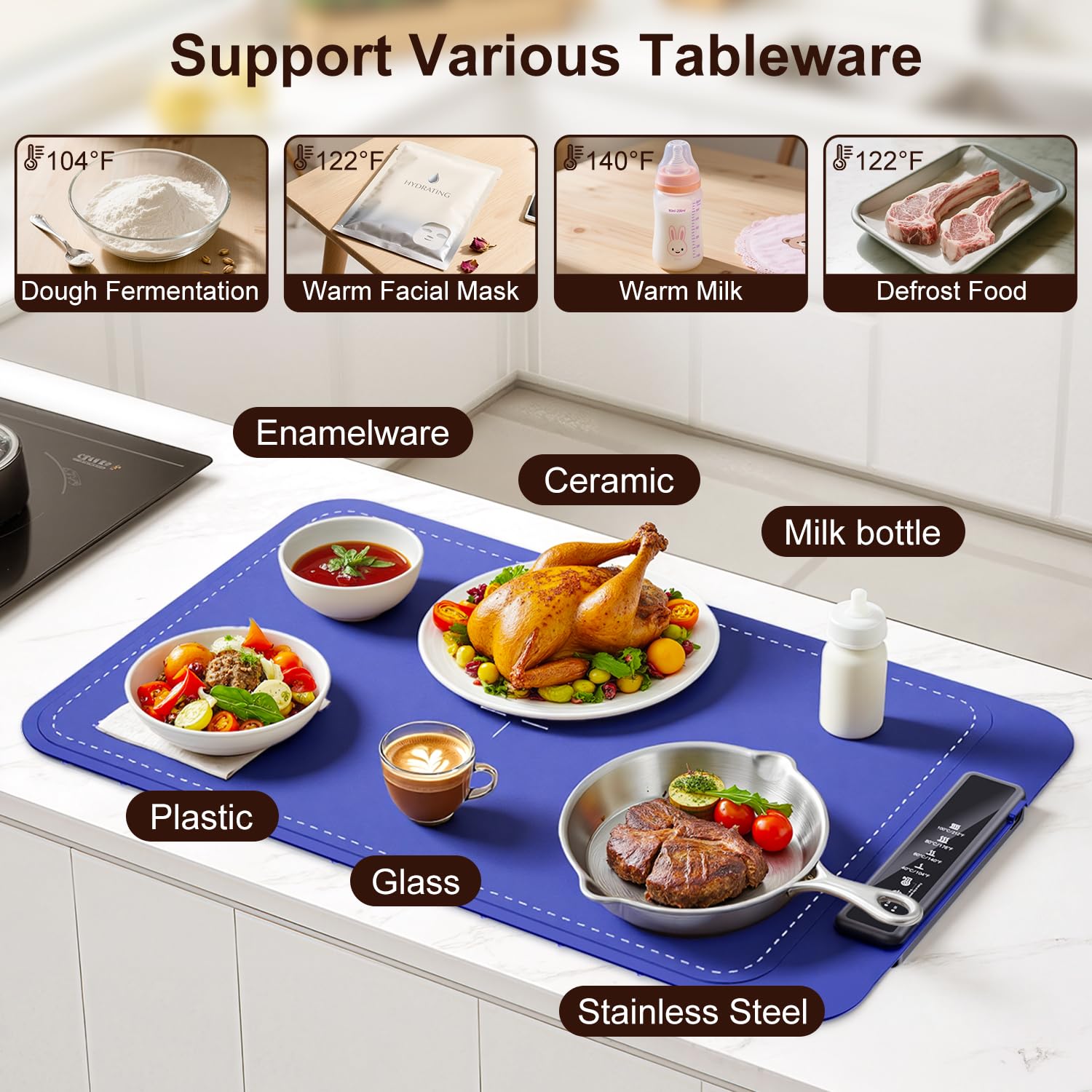 Warming Mat for Food, Electric Warming Tray for Dishes, Portable Heating Pad with 6 Hours Shut-Off, Silicone Food Warmer for Buffet, Party and Countertop with 4 Temperature Levels and Smart Timer