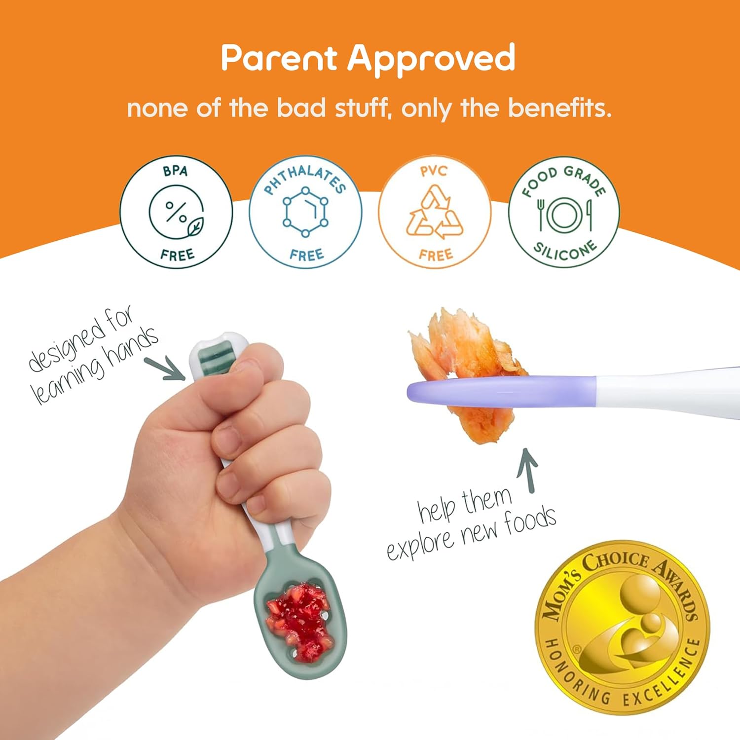 NumNum Baby Spoons Set - Silicone Self-Feeding Utensils for 6+ Months | BPA-Free, 2 Pack Blue/Yellow