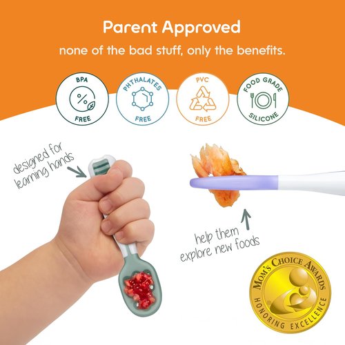 NumNum Baby Spoons Set, Baby Essentials Pre-Spoon GOOtensils for 6+ Months, First Stage Self-Feeding Spoons for Baby Led Weaning (BLW), Silicone Toddler Utensils, BPA-Free, 2 Pack Blue/Green