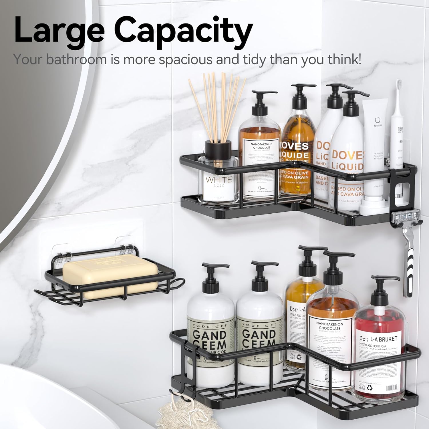YASONIC Shower Caddy Corner - 3-Pack Rustproof Stainless Steel Shelves with Soap Holder | Black