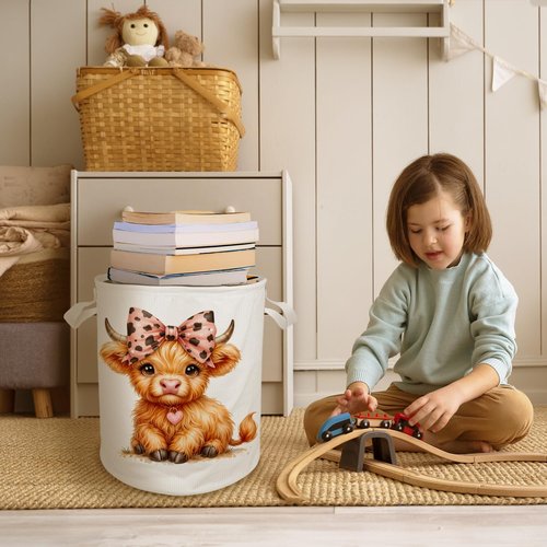Cilrii Pink Bow Highland Cow Laundry Basket Hamper, Toybox for Girls, Western Cow Waterproof Collapsible Storage Bin Organizer for Bedroom Bathroom Kids Girls Room Dorm Clothes Toys Books