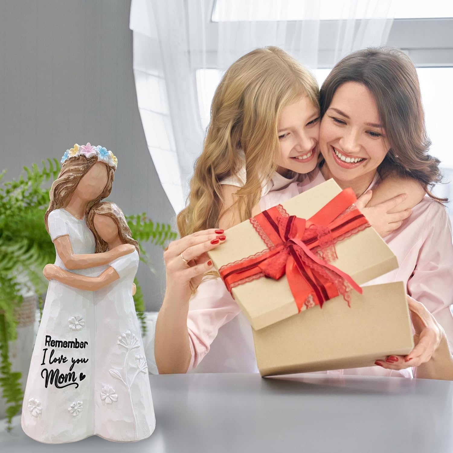 Mother Daughter Figurine, Statue - Mothers Day Figurines for Mom Daughter - I Love You Mom Gifts for Mothers Day, Valentine, Christmas - Mother and Daughter Embracing Hand-Painted Resin Sculpture 5.7"
