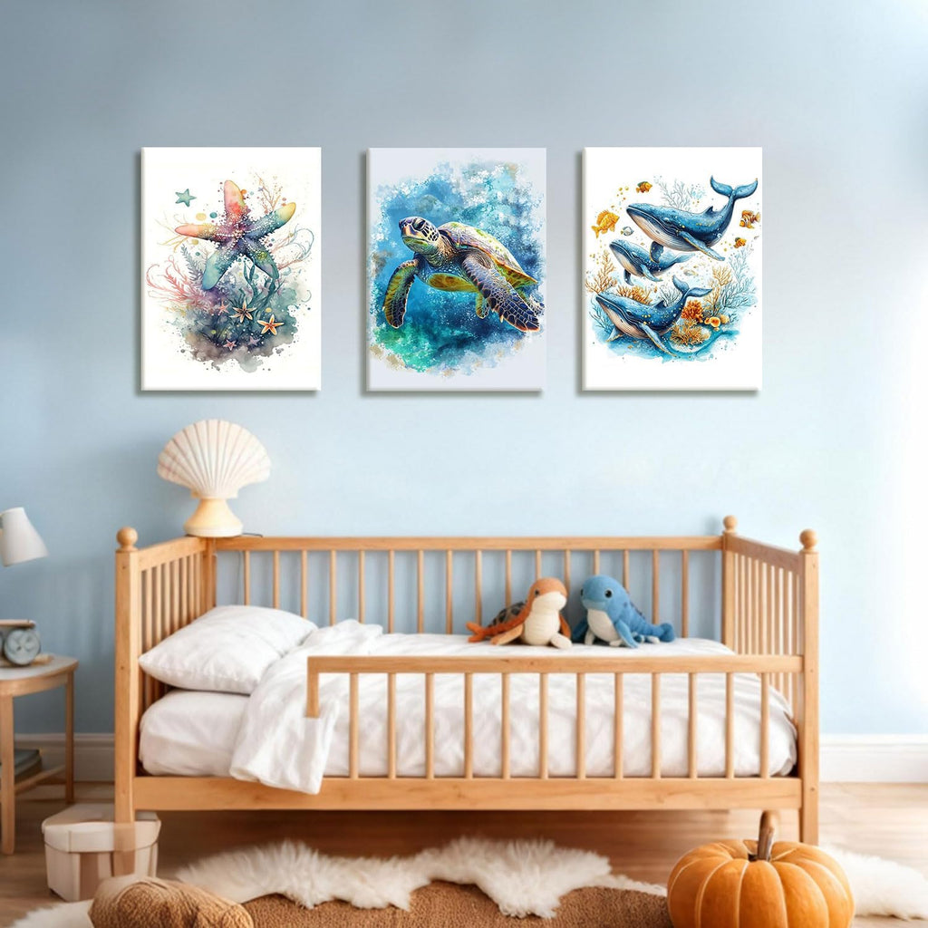 NCCXNCC Marine Animal Canvas Wall Art - Watercolor Sea Turtle, Whale & Starfish Prints | 12x16 IN