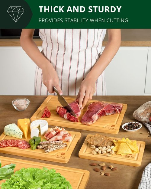 ROYAL CRAFT WOOD Wooden Cutting Boards for Kitchen Meal Prep & Serving - Bamboo Wood Serving Board Set with Deep Juice Groove Side Handles - Charcuterie & Chopping Butcher Block for Meat