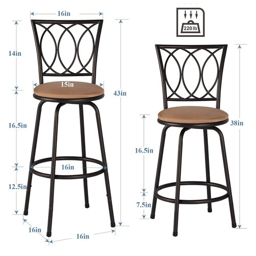 VECELO Bar Stools, 24/29" Adjustable Barstool,Swivel Counter Stool with Upholstered Seat,Steel Bistro Pub Chairs, Curved Line Backrest, Set of 2