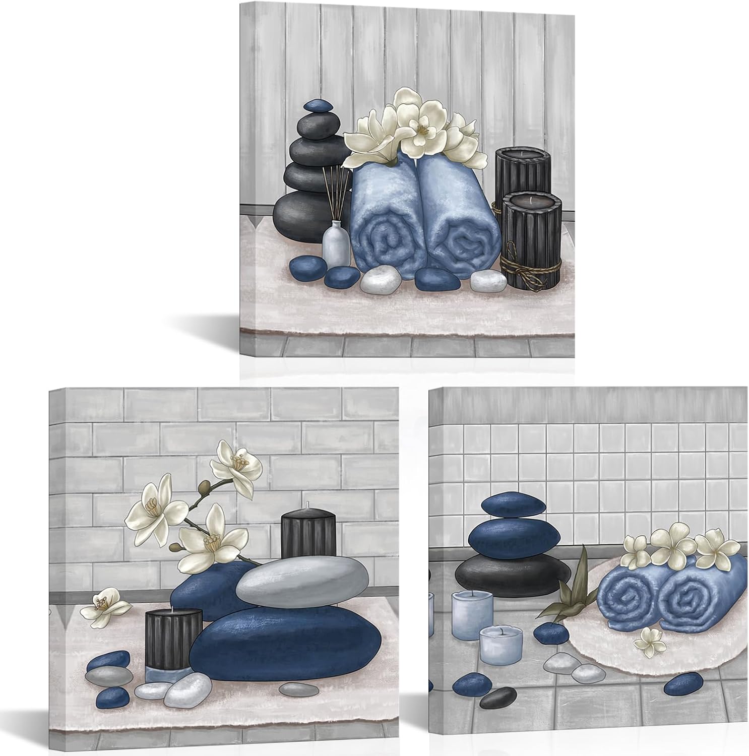RnnJoile Spa Canvas Wall Art - Zen Stone Orchid Painting for Bathroom | Framed 12"x12" Decor