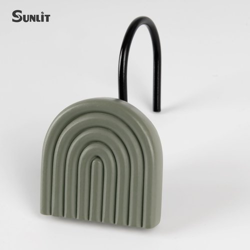 Sunlit Mid Century Modern Arch Decorative Shower Curtain Hooks, Farmhouse Geometric Grayish Green Shower Curtain Rings for Bathroom, Resin, Boho Shower Curtain Hangers Home Decor