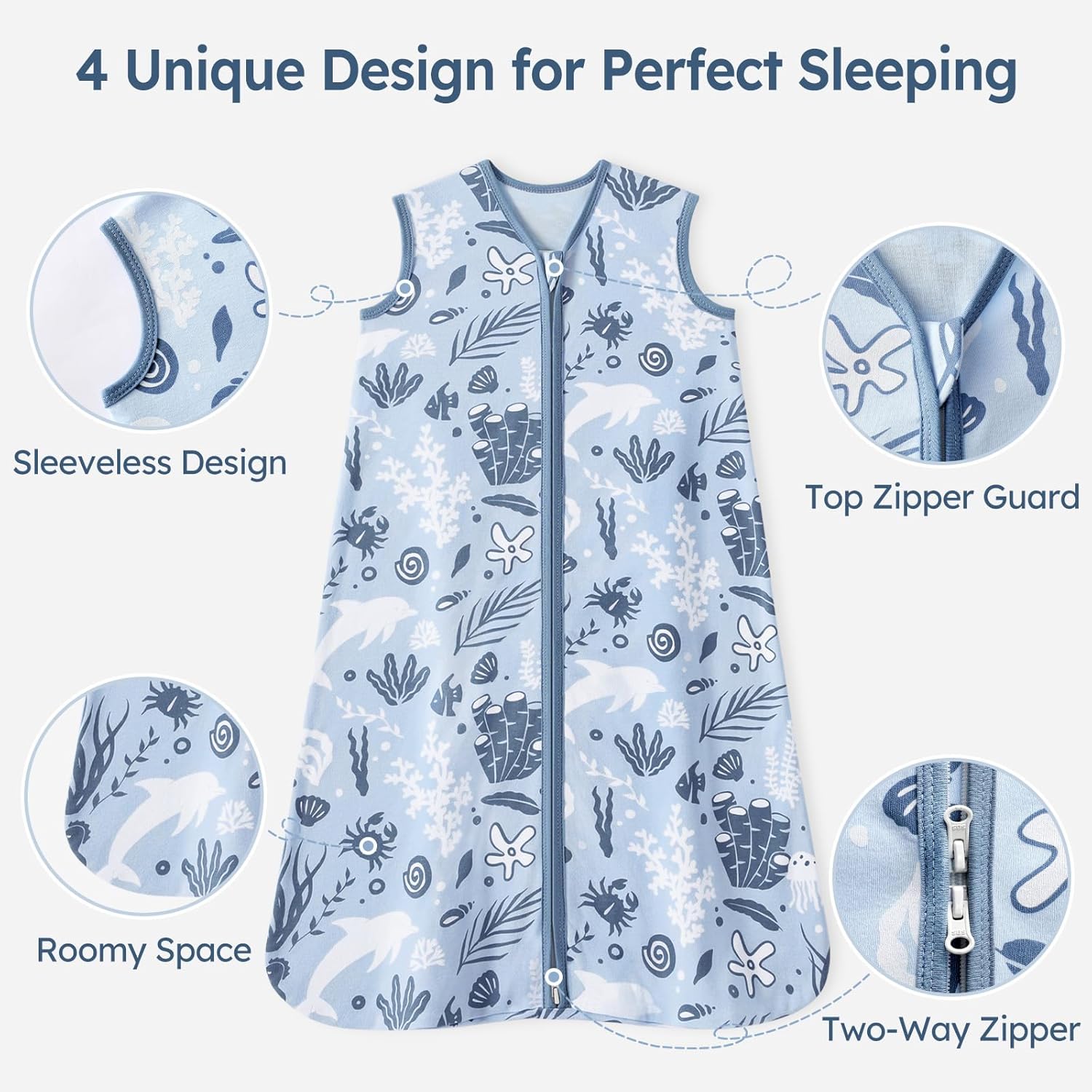 Unnivoll Baby Sleep Sack - 100% Cotton Lightweight Wearable Blanket | 0-6 Months, Blue Dolphin, 0.5 TOG