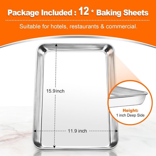 CEKEE Baking Sheet Set of 12 - Heavy-Duty Stainless Steel Cookie Sheets | 16 x 12 Inches, Warp Resistant