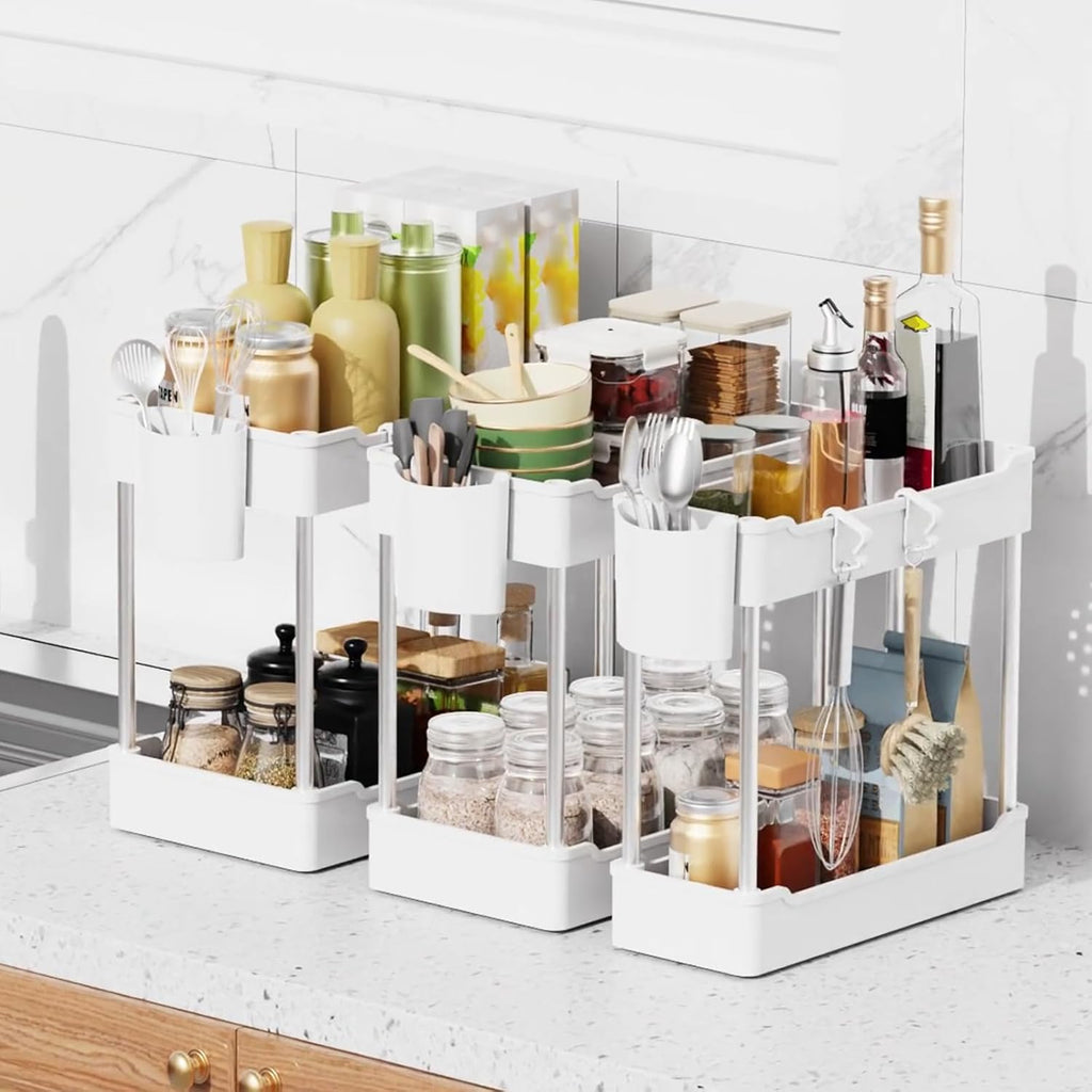 Skiennix Under Sink Organizers - 3 Pack 2-Tier Bathroom Cabinet Shelf with Hanging Cups | White