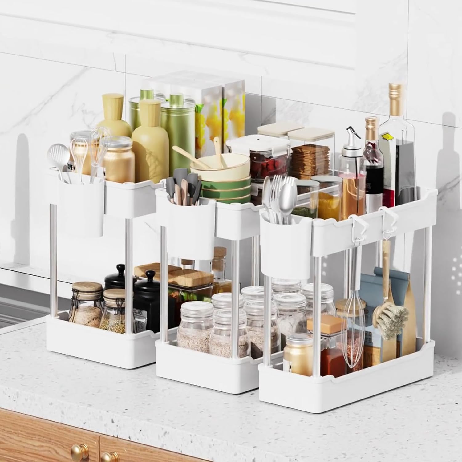 Skiennix Under Sink Organizers - 3 Pack 2-Tier Bathroom Cabinet Shelf with Hanging Cups | White