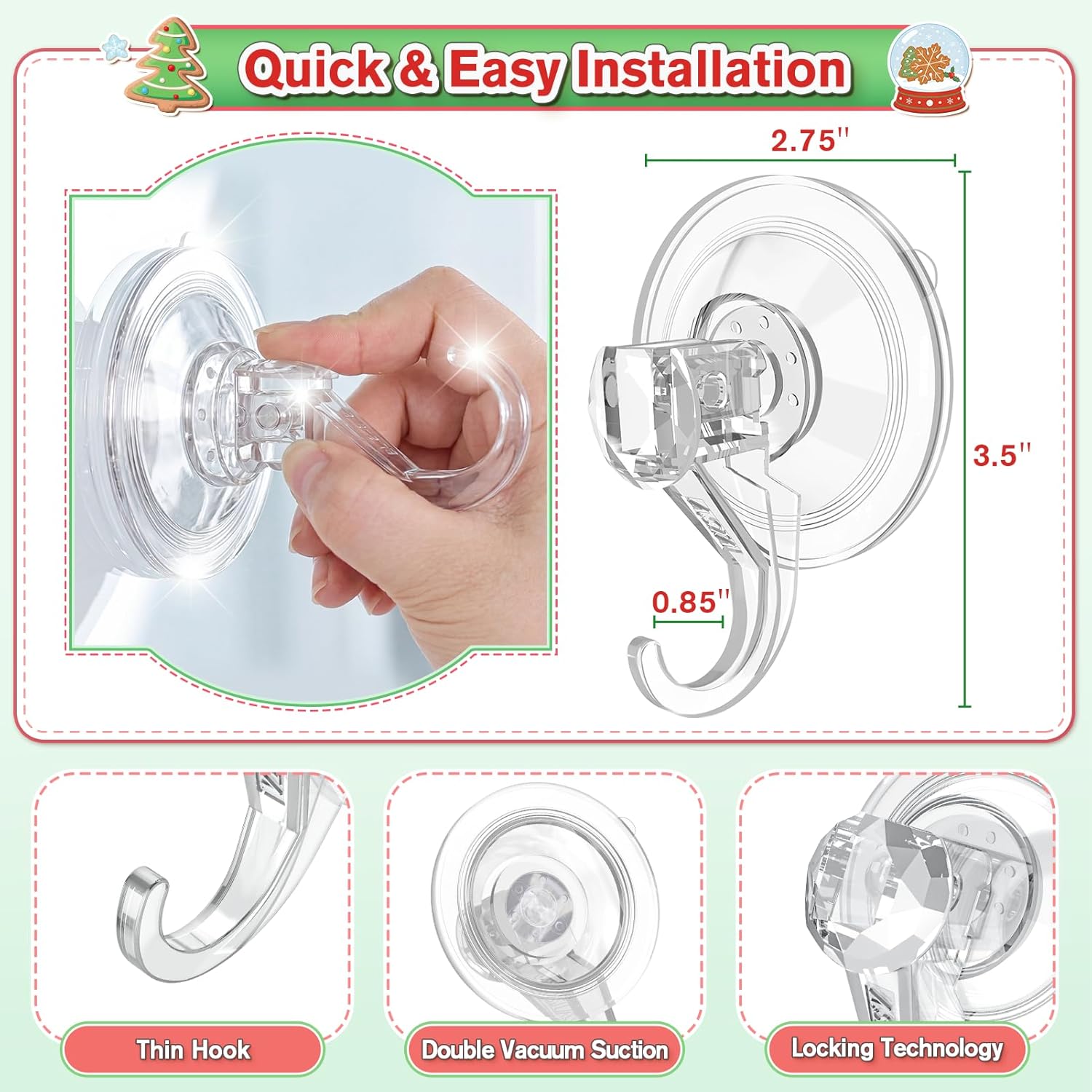 VIS'V Wreath Hanger - Heavy Duty Suction Cup Hooks | 22 LB Capacity, Clear, 8 Pack, Removable & Reusable