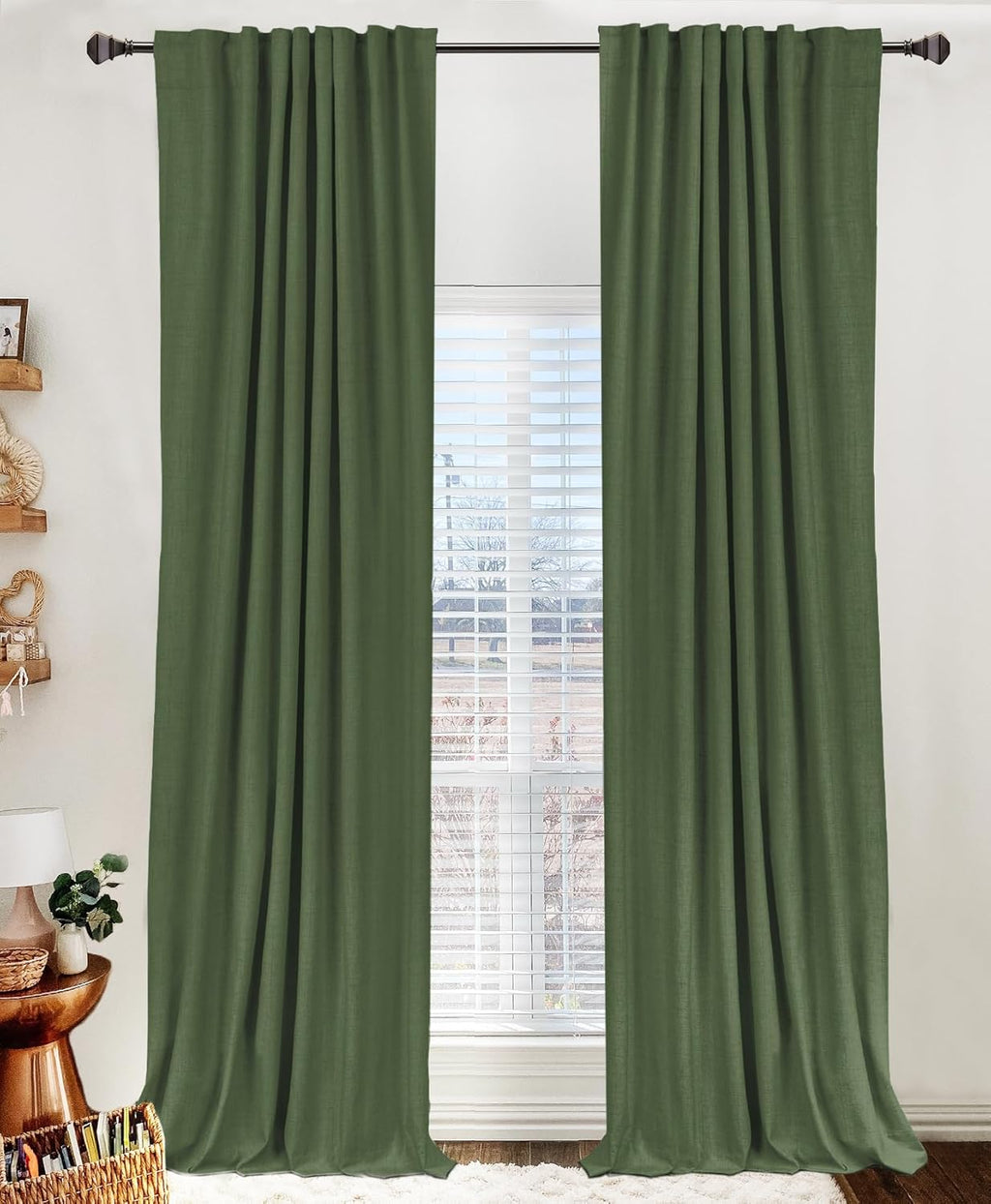 Skiennix 100% Blackout Linen Curtains - Thermal Insulated Drapes, 2 Panels Set, 50" W x 96" L, Moss Green