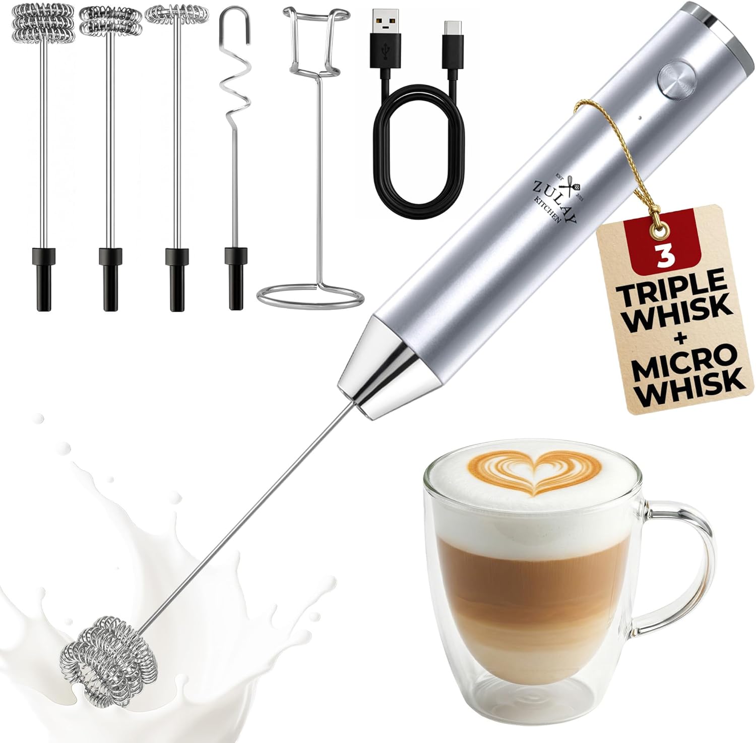 Zulay Kitchen Rechargeable Milk Frother - Powerful 2-Speed Mixer with 4 Whisks | Waterproof, 2000mAh Battery - Silver