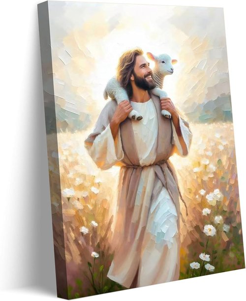 GKQNMU Jesus Carrying The Lamb Canvas Wall Art - Christ The Good Shepherd Decor for Living Room | Ready to Hang