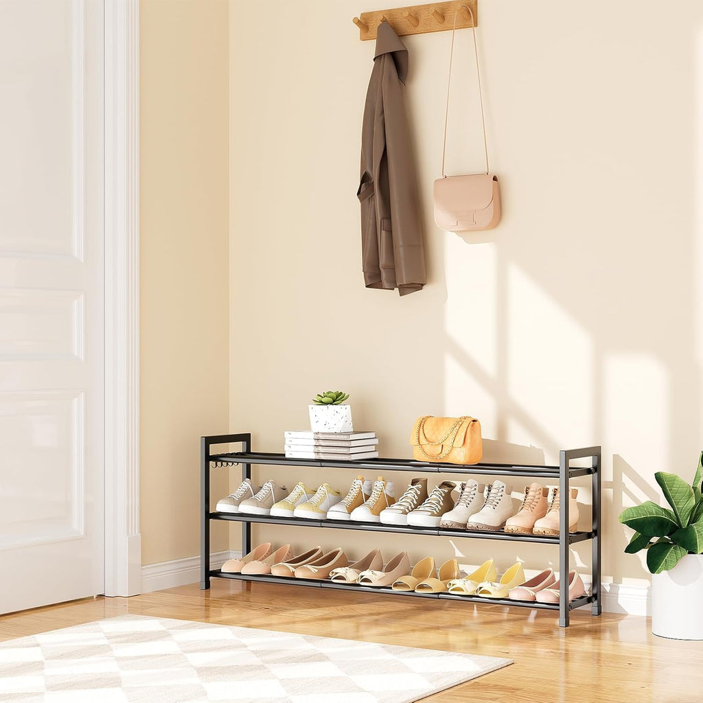 Skiennix Expandable Shoe Rack - Adjustable 3-Tier Organizer for 18 Pairs | Sturdy Metal Storage in Black