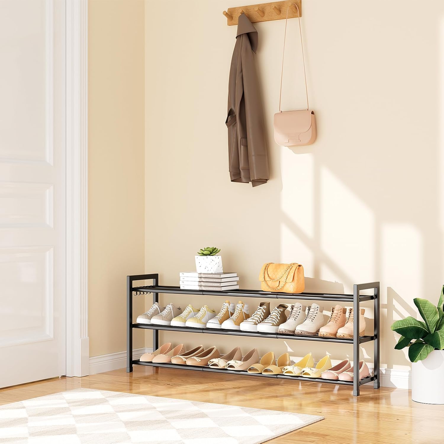 Skiennix Expandable Shoe Rack - Adjustable 3-Tier Organizer for 18 Pairs | Sturdy Metal Storage in Black