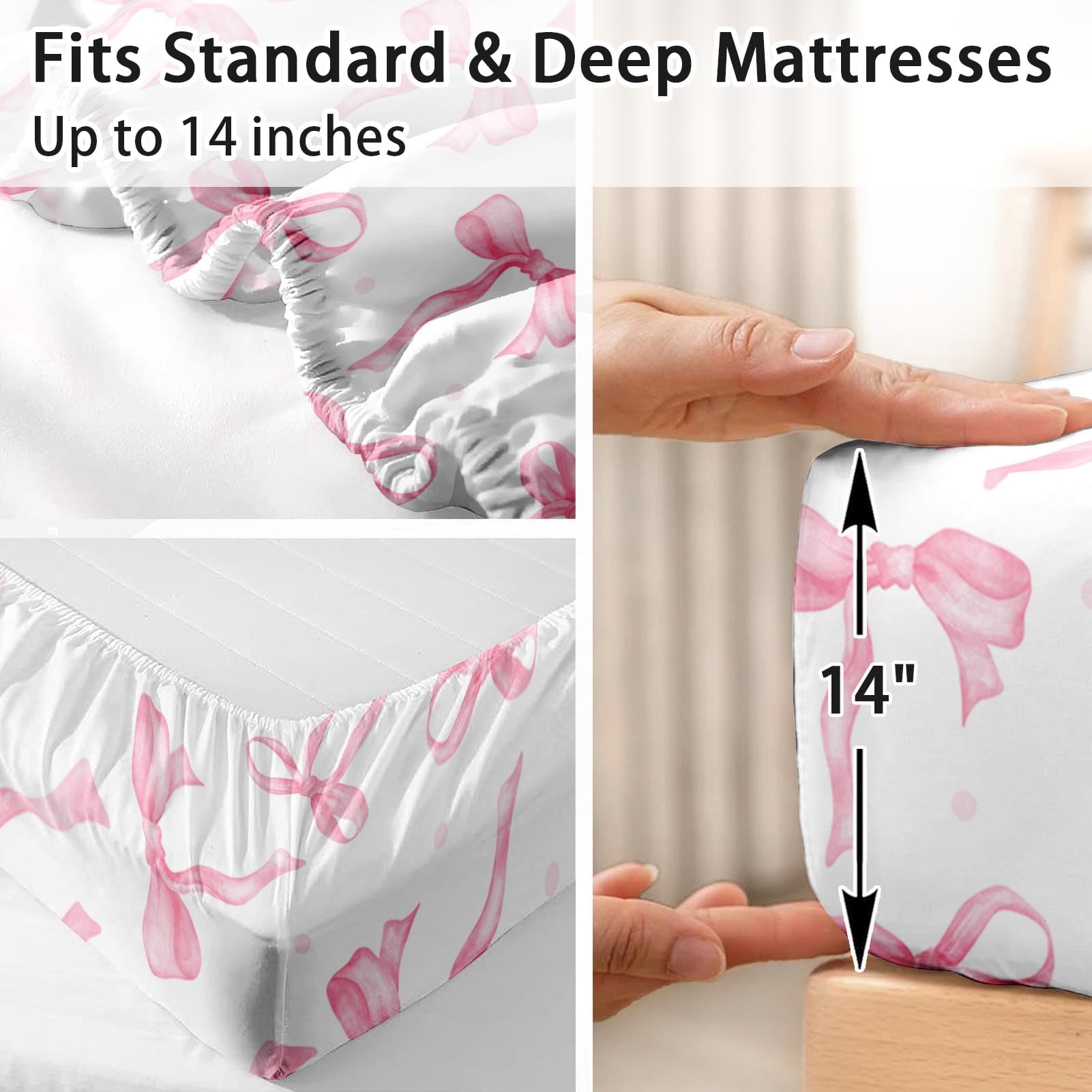 Zzzboro 4 Pcs Fitted Sheet Set Queen Size, Cute Coquette Pink Bow Bowknot, Bed Decor Sweet Themed Elegant Girly Baby Bedroom Sets Pillowcase Bedsheet Bedding Flat Sheet for Kids and Adults