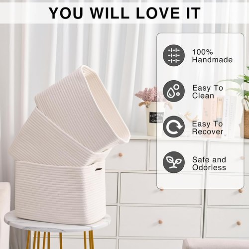 ICERZCZ Storage Baskets - Woven Cotton Rope Organizers for Nursery & Home | 15"x11"x9.5", Off White, 3 Pack