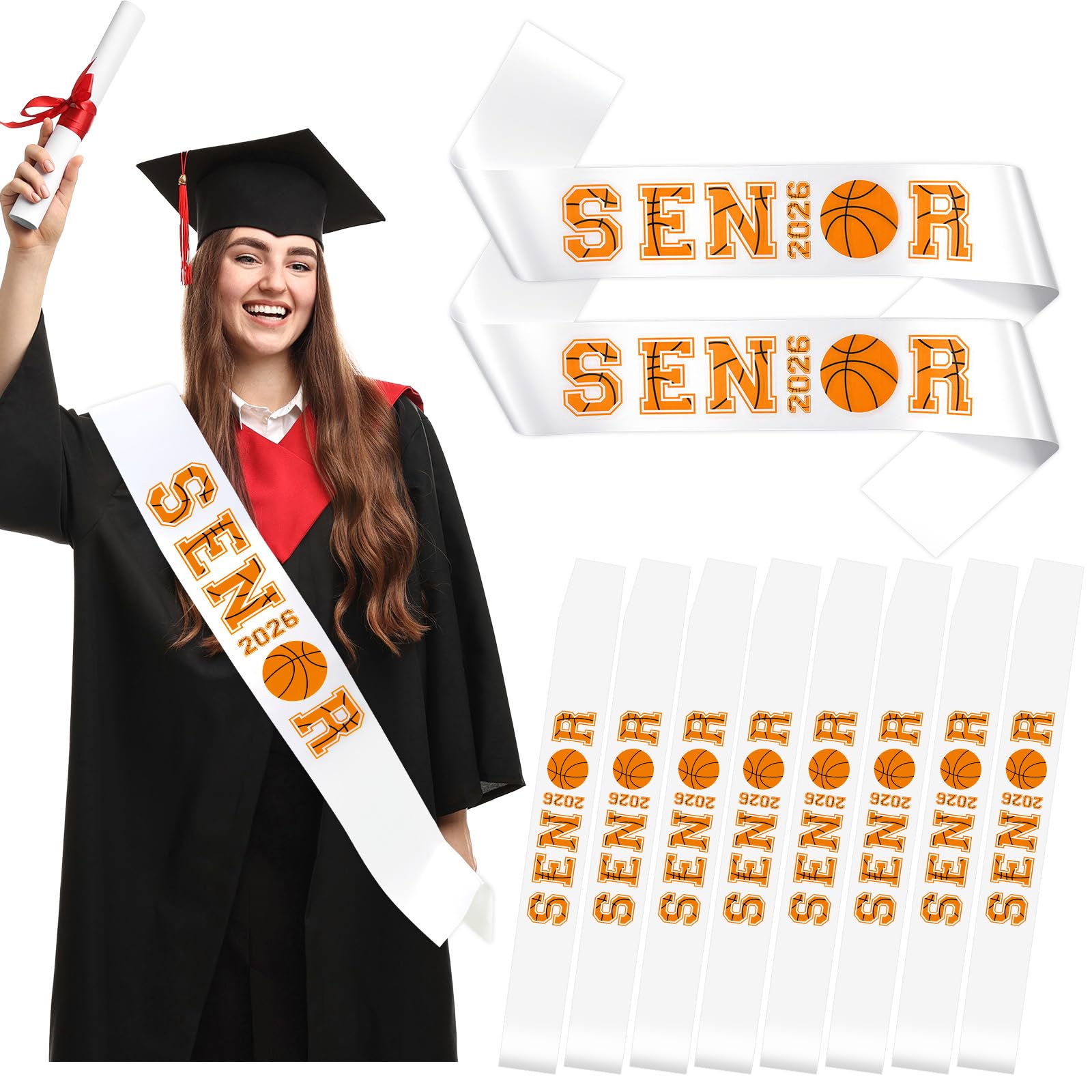 10Pcs White Senior 2026 Satin Sashes Basketball Class of 2026 Celebrations Sash Senior Cheer Sashes with Sport Letters for Basketball Competition Party Cheerleader Celebration Graduation Supplies