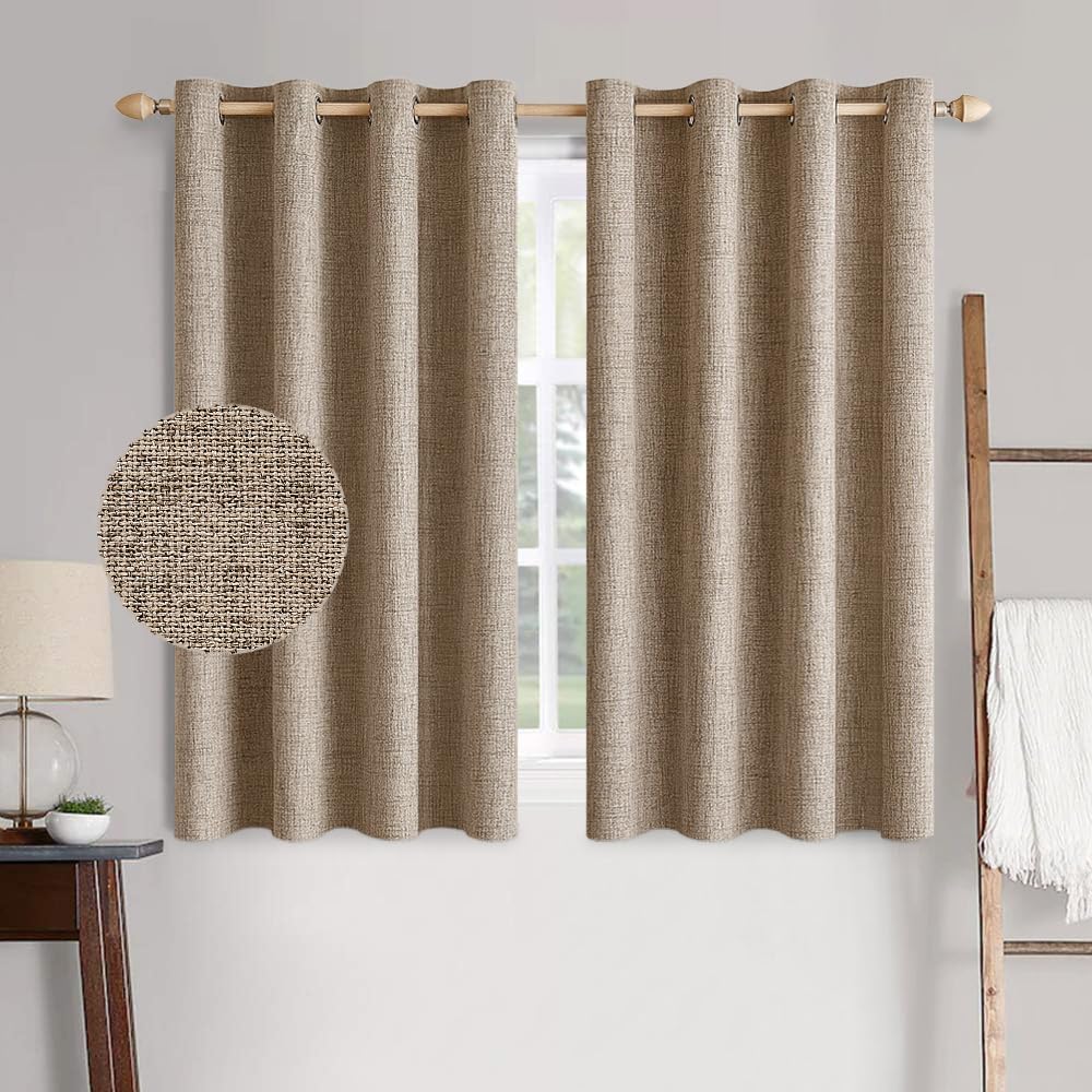 MIULEE 100% Blackout Linen Textured Curtains - Thermal Insulated Copper Brown | Room Darkening Drapes 52 x 54 Inch (2 Panels)