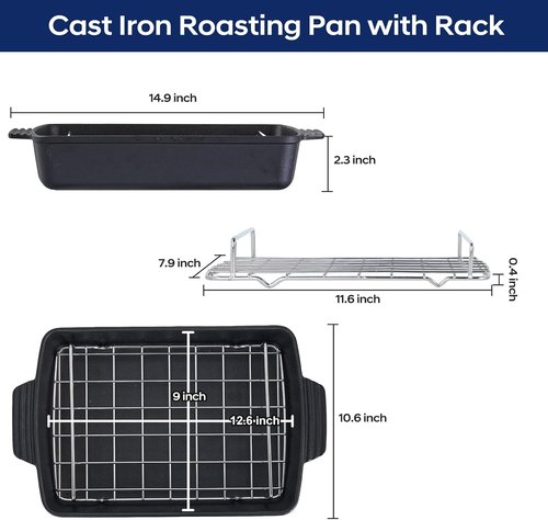 Cast Iron Roasting Pan - Heavy Duty Turkey Roaster with Rack | Induction Compatible, 9 x 12.6 Inch