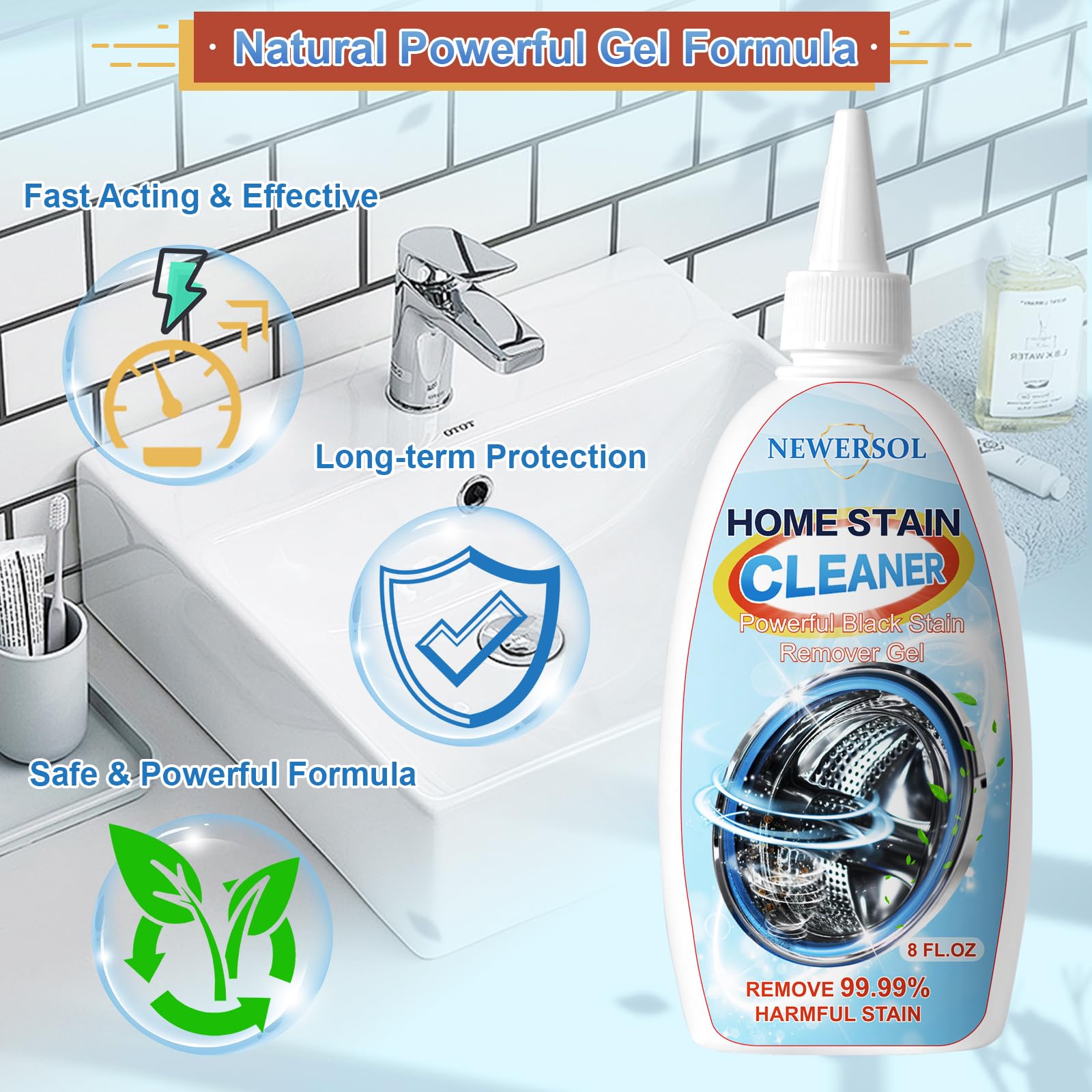 NEWERSOL Black Stain Remover Gel Washing Machine Cleaner Front Loader Grout Cleaner Home Stain Removal Gel for Washer Kitchen Sink Showers Bathroom and Floor Tile 8Fl Oz