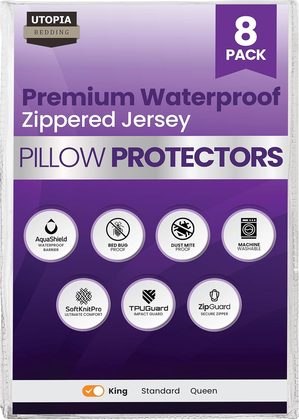 Utopia Bedding King Size Pillow Protectors - Set of 8, Waterproof & Bed Bug Proof Encasements (White)