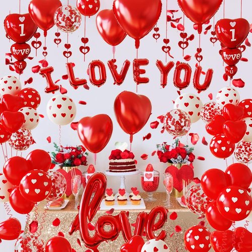 1126PCS Red Valentines Day Decorations Set, Red Heart Balloons and Love Foil Balloon,I LOVE YOU Banner,1000 Fake Rose Petals,Heart Balloon Hanging Pendant for Wedding Decor Anniversary Decorations