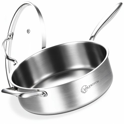 LOLYKITCH 7 QT Tri-Ply Stainless Steel Sauté Pan with Lid,12 Inch Deep Frying pan,Large Skillet,Jumbo Cooker,Induction Cooking Pan,Oven Safe and Detachable Handle.