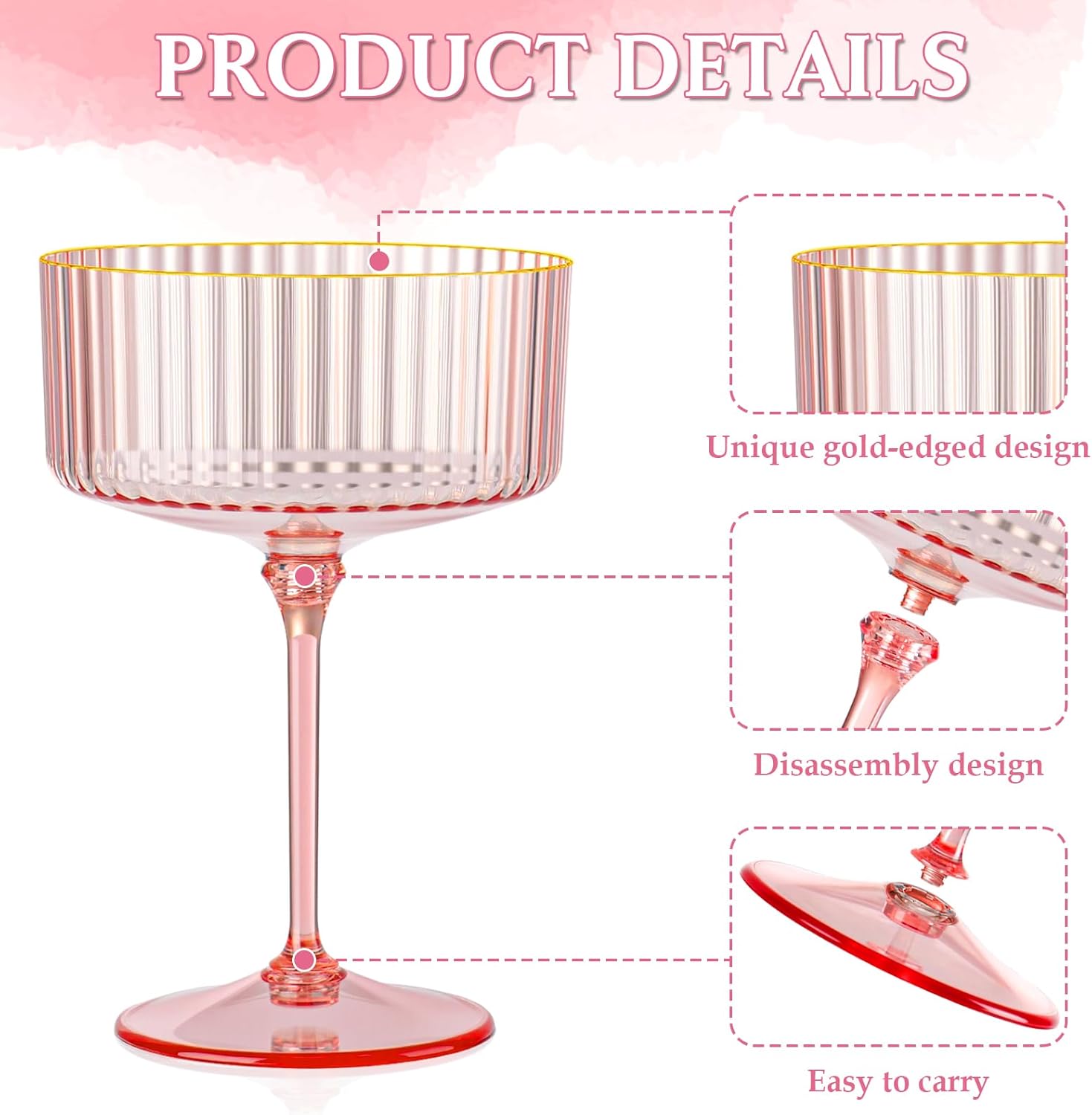Skiennix 12 PCS Pink Ribbed Coupe Glasses - 10oz Vintage Cocktail Glassware with Gold Rim for Parties