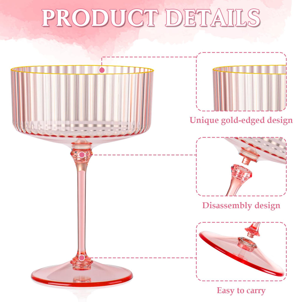 HKSZEH 12 PCS Ribbed Coupe Glasses Pink Plastic Champagne Coupe Cup 10oz Detachable Gold Rim Espresso Martini Glass Vintage Margarita Glassware Cocktail Glass for Wedding Bachelorette Party